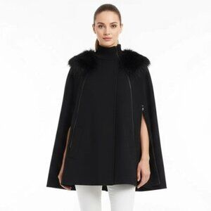 BCBG Black Ryder Fur Trim Vintage Look Pancho Cape Coat S